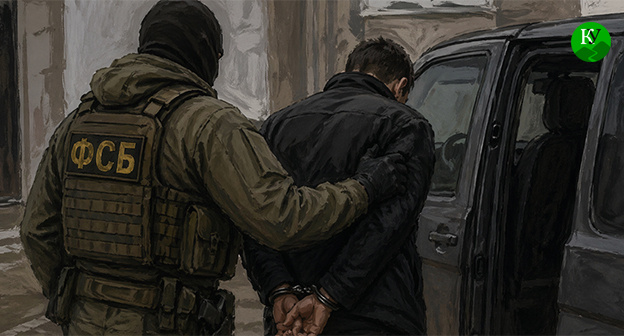 Сотрудник ФСБ задерживает мужчину. Иллюстрация создана "Кавказским узлом" при помощи ИИ в программе Copilot