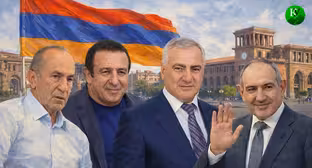 Роберт Кочарян, Гагик Царукян, Самвел Карапетян, Никол Пашинян (слева направо). Иллюстрация создана "Кавказским узлом" при помощи ИИ в программе Copilot