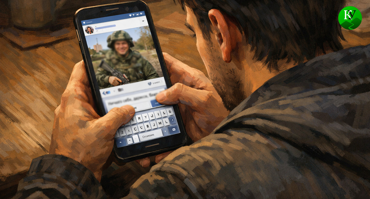 мужчина пишет комментарий под постом о военных. Иллюстрация создана «Кавказским узлом» с помощью ИИ в программе Copilot