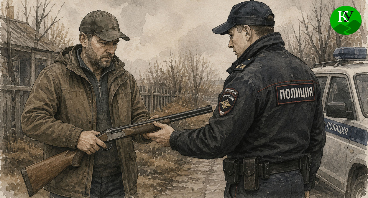 Сотрудник полиции забирает ружье у мужчины. Иллюстрация создана "Кавказским узлом" при помощи ИИ в программе Copilot Сотрудник полиции забирает ружье у мужчины. Иллюстрация создана "Кавказским узлом" при помощи ИИ в программе Copilot