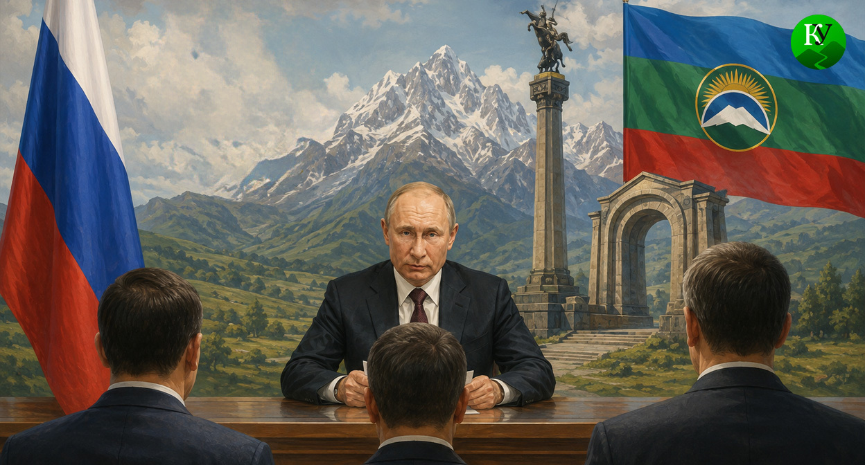 Путин и кандидаты. Иллюстрация создана «Кавказским узлом» с помощью ИИ в программе Copilot