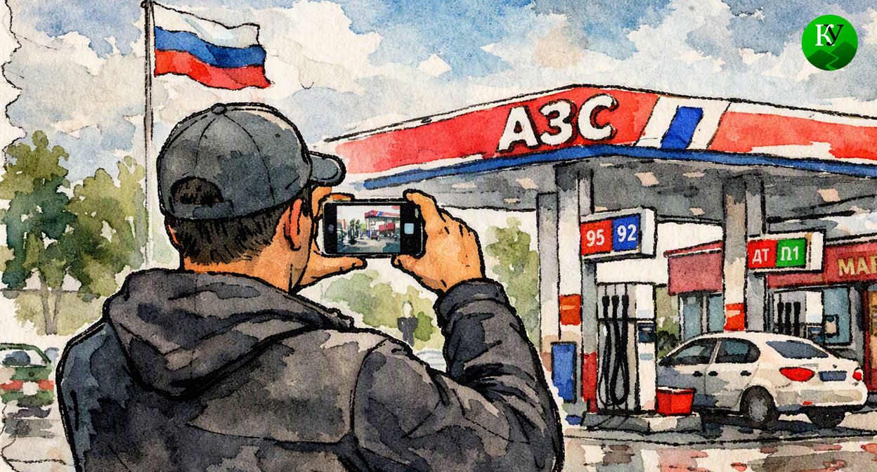 Активист снимает АЗС. Иллюстрация создана «Кавказским узлом» с помощью ИИ в программе Copilot Активист снимает АЗС. Иллюстрация создана «Кавказским узлом» с помощью ИИ в программе Copilot