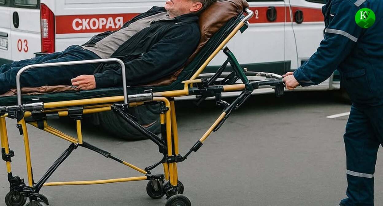 Пациент на тележке-каталке для скорой помощи. Иллюстрация создана "Кавказским узлом" при помощи ИИ в программе Copilot Пациент на тележке-каталке для скорой помощи. Иллюстрация создана "Кавказским узлом" при помощи ИИ в программе Copilot