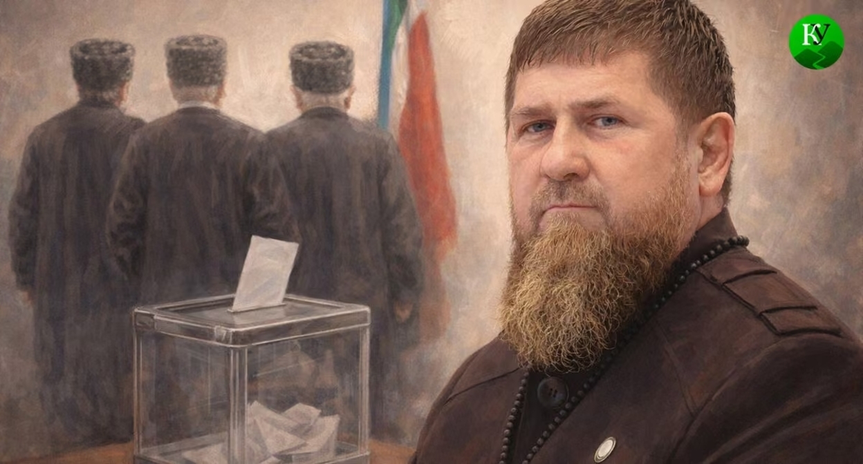 Кадыров и выборы. Иллюстрация создана «Кавказским узлом» с помощью ИИ в программе Copilot