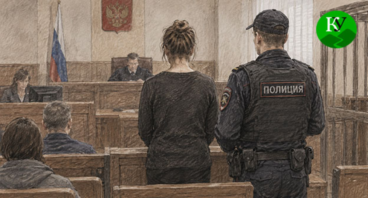 Женщина стоит в зале суда. Иллюстрация создана "Кавказским узлом" при помощи ИИ в программе Copilot