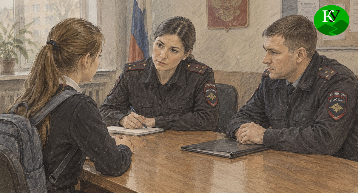Школьница общается с сотрудниками полиции. Иллюстрация создана "Кавказским узлом" при помощи ИИ в программе Copilot