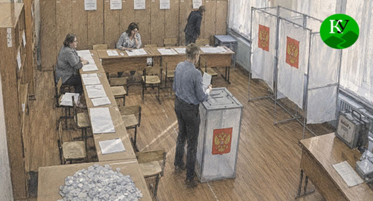 Вброс бюллетеней на избирательном участке. Иллюстрация создана "Кавказским узлом" при помощи ИИ в программе Copilot