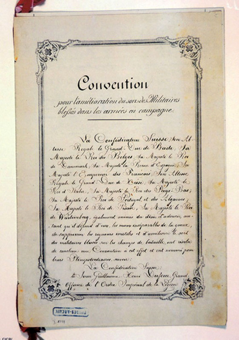 Первая страница Женевской Конвенции от 22 августа 1864 года. Оригинал хранится в федеральном архиве г.Берна.