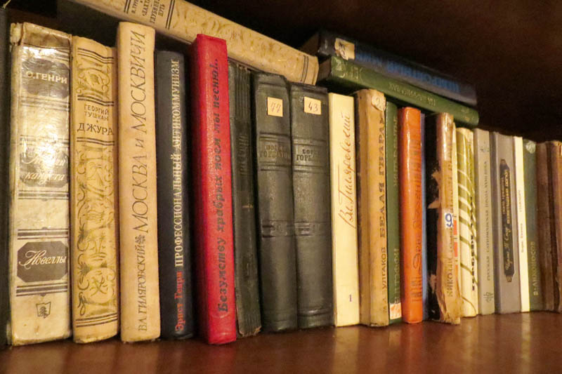 Книги на полке в полузакрытого режиме.